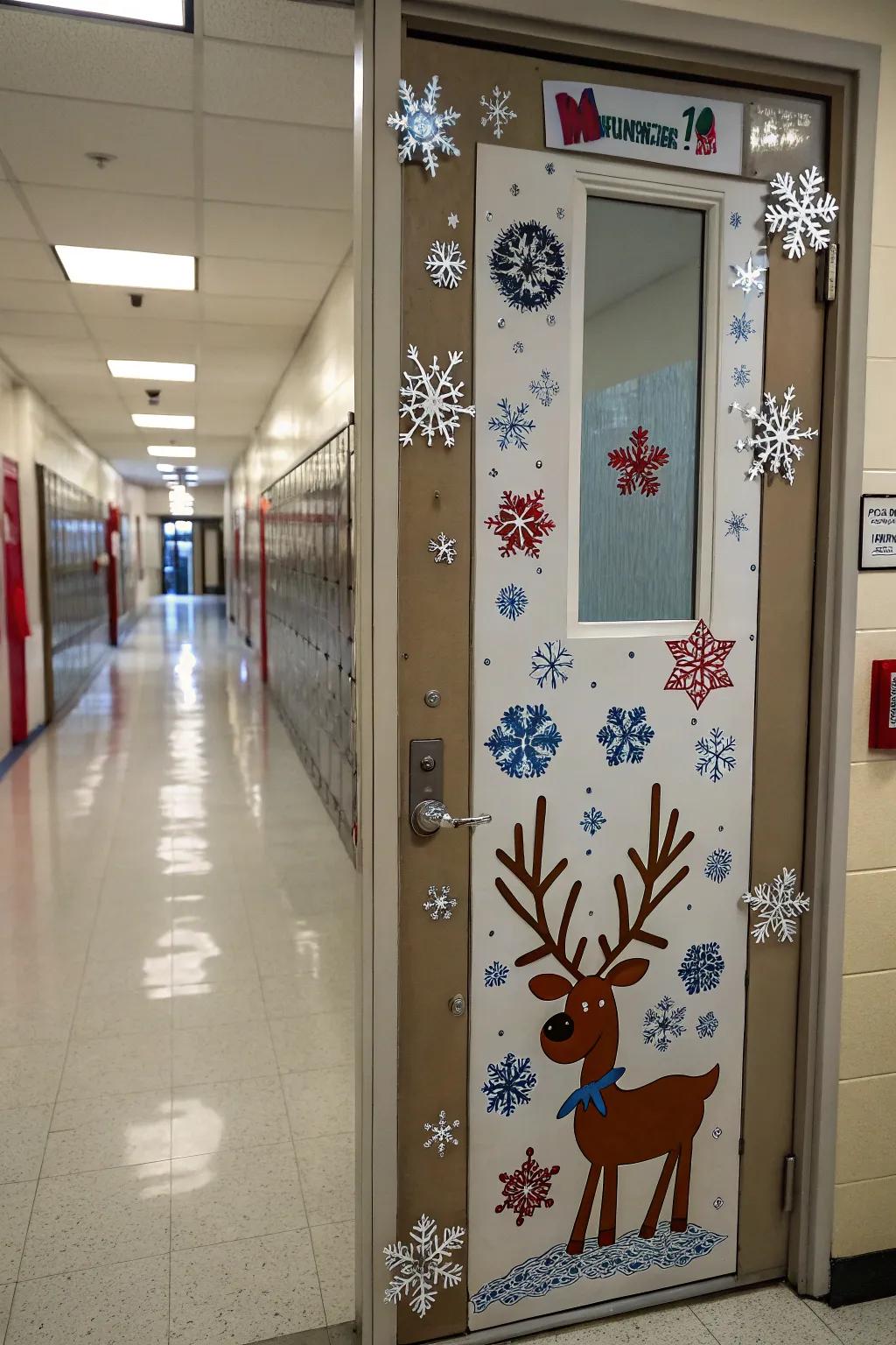 A wintry 'Reindeer Hospital' concept enhancing the school nurse's door.