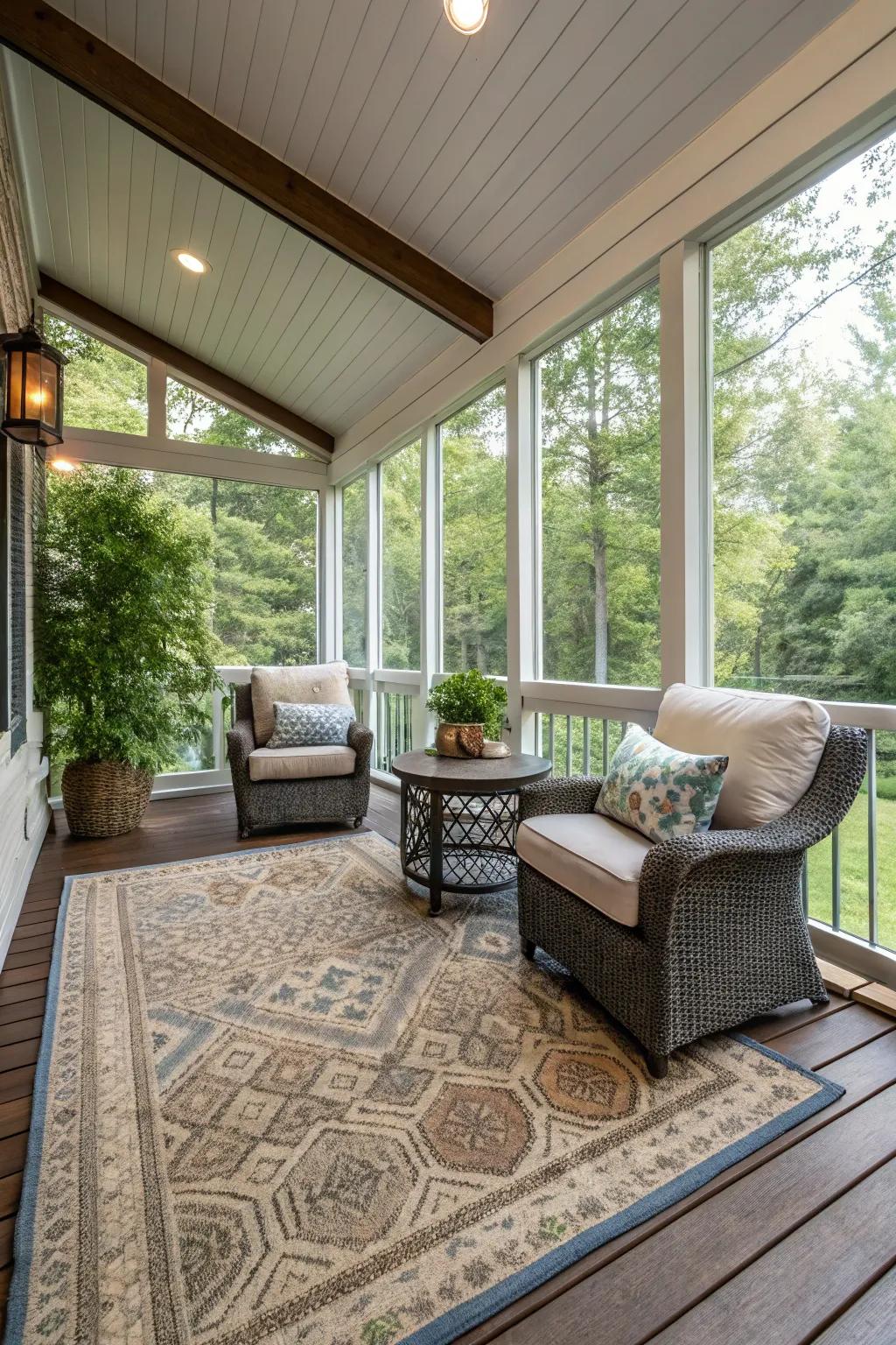 A seamless indoor-outdoor lounge on the porch delivers both comfort and panache.