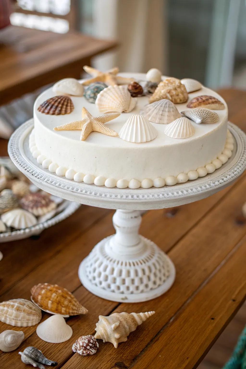 Seashells stylishly exhibited on a dessert platter, contributing dimension and intrigue to your interior design.