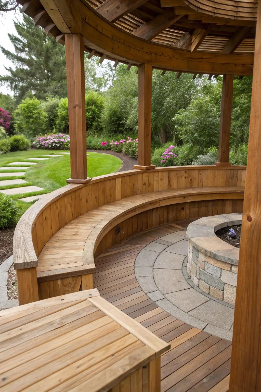 Contoured seating that echoes the patio's shape improves the social atmosphere.