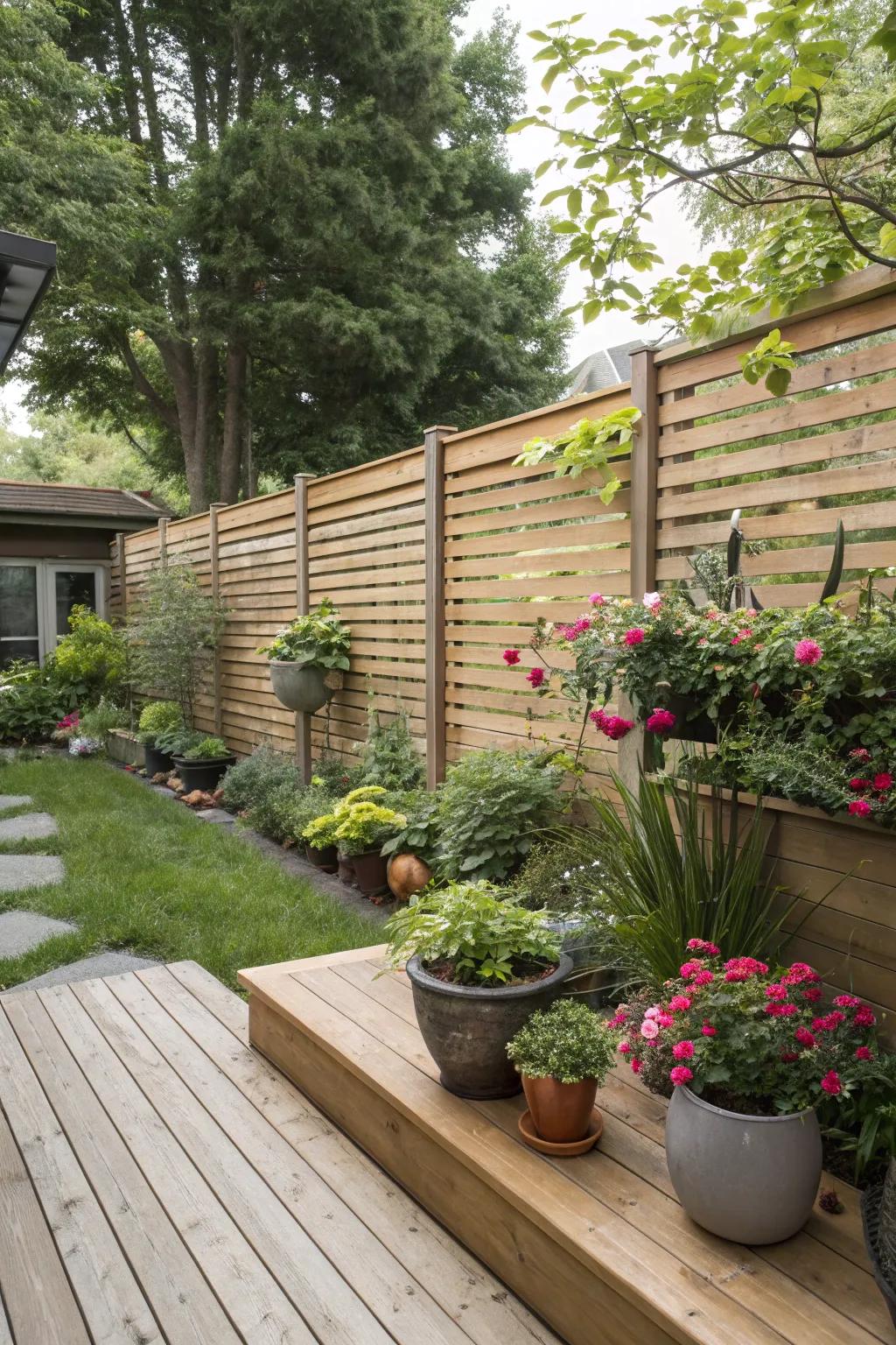 Elegant horizontal strips contribute a contemporary vibe to this verdant backyard retreat.