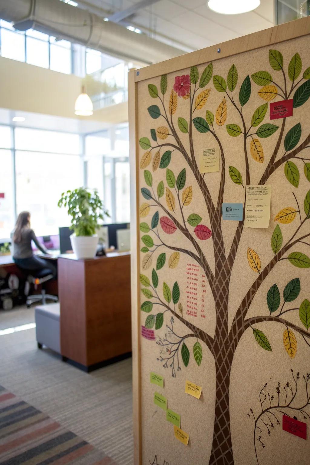 An upliftment tree with leaves showcasing uplifting messages from the team.