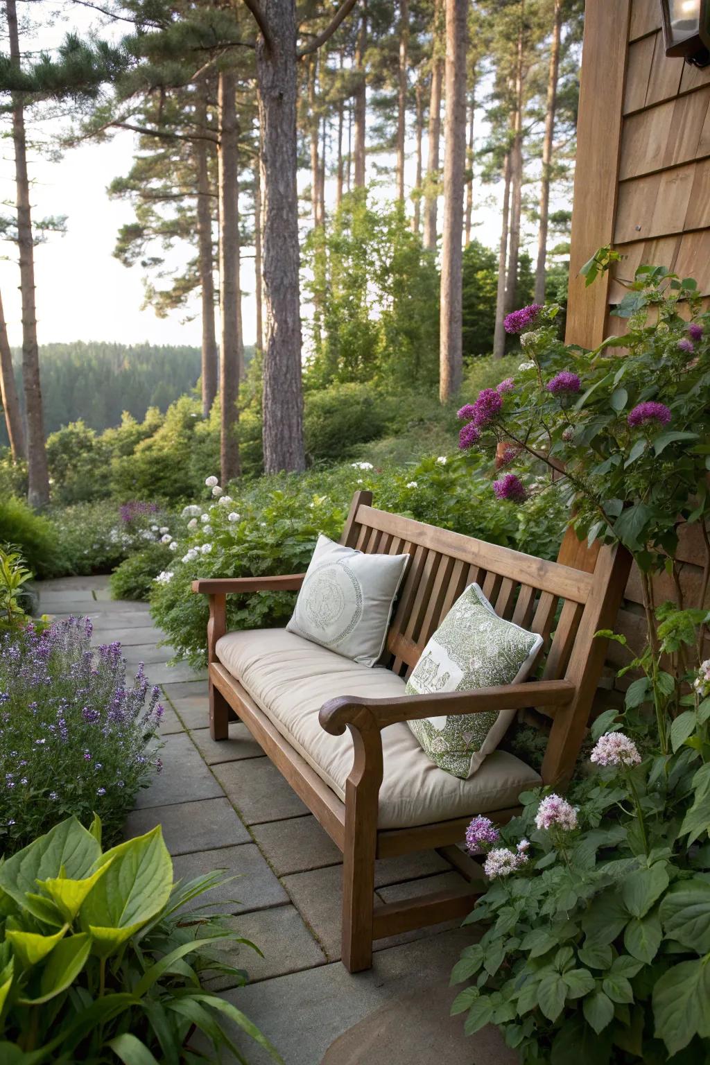 A wooden bench provides a serene place for relaxation in a shady corner.