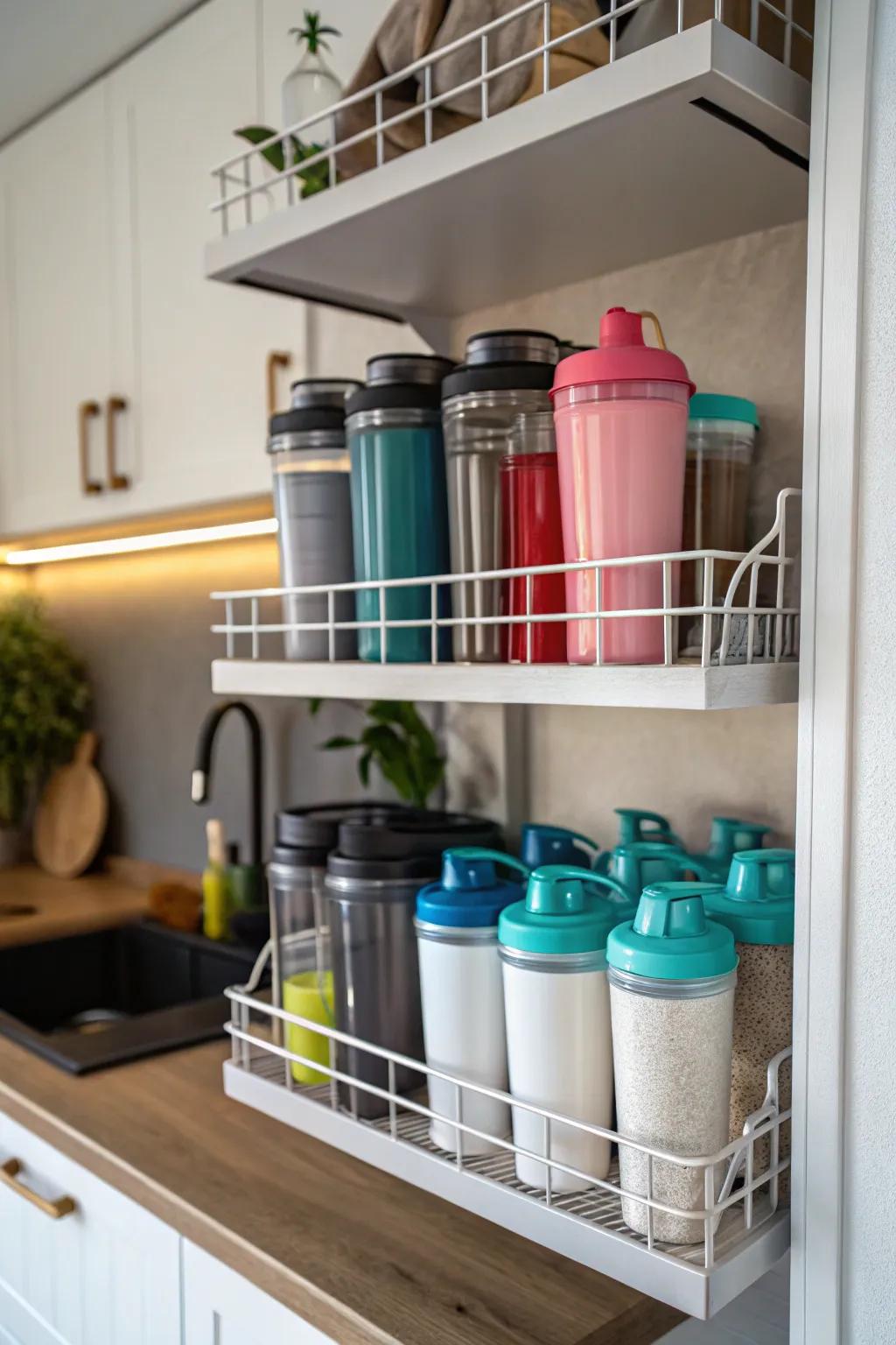 Tiered shelf organizers make the most of vertical space for protein mixers.