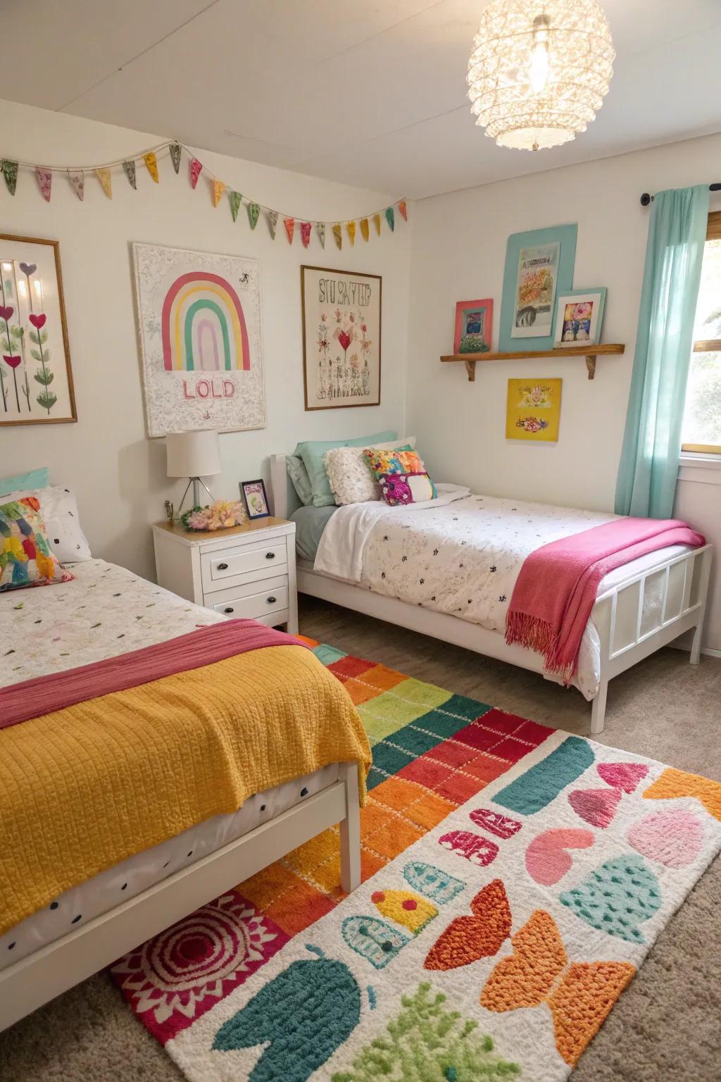 L-shaped beds create an open space, perfect for a playful central area.