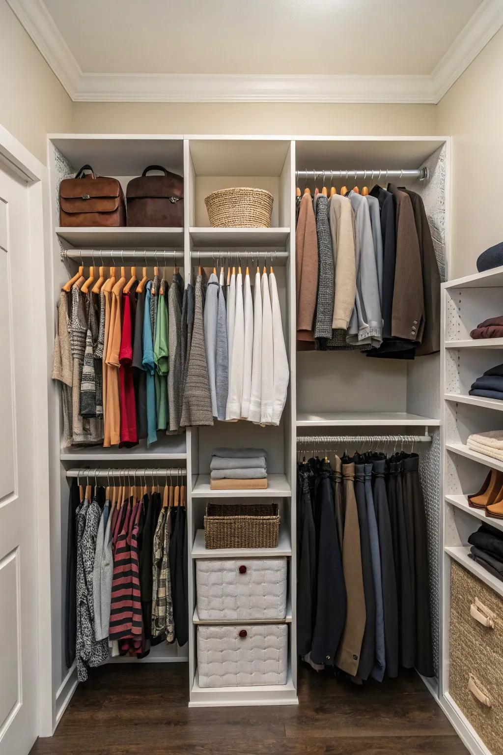A closet leveraging elevated space through towering shelves and double rods.