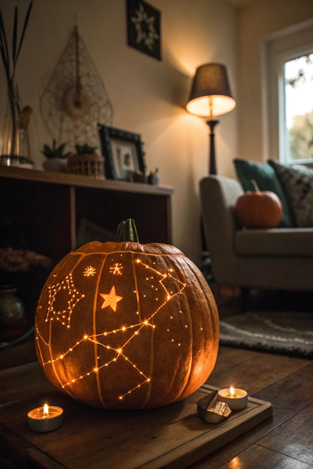 A pumpkin with a celestial design, bringing the beauty of the stars to your doorstep.
