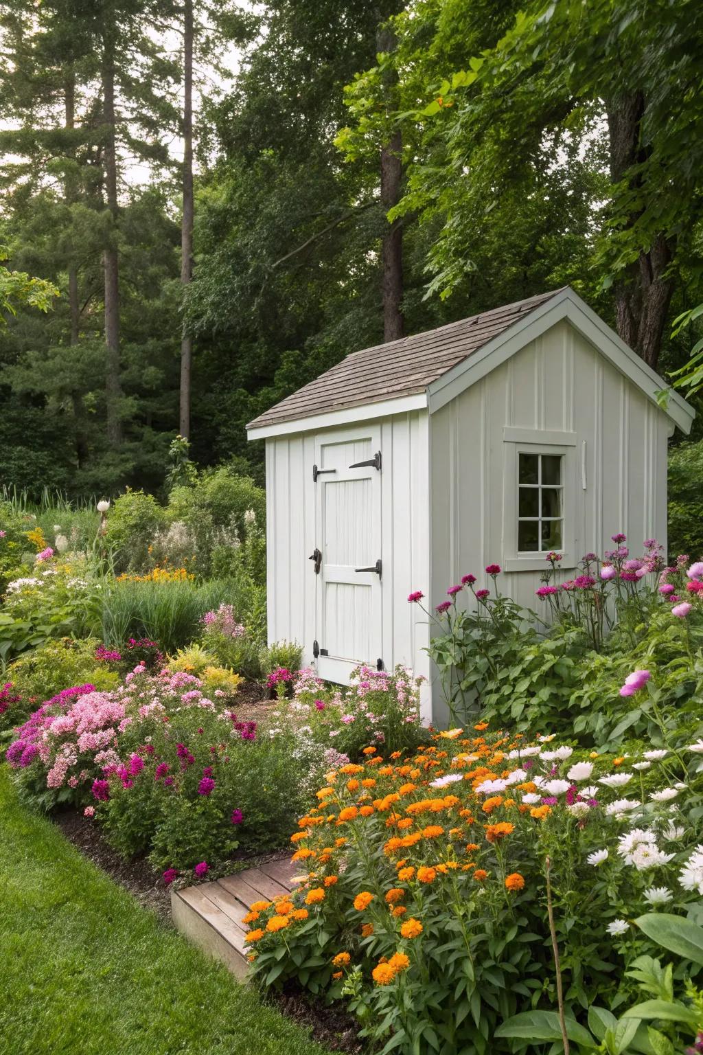 A crisp white shed delivers a clean, modern aesthetic to any garden.