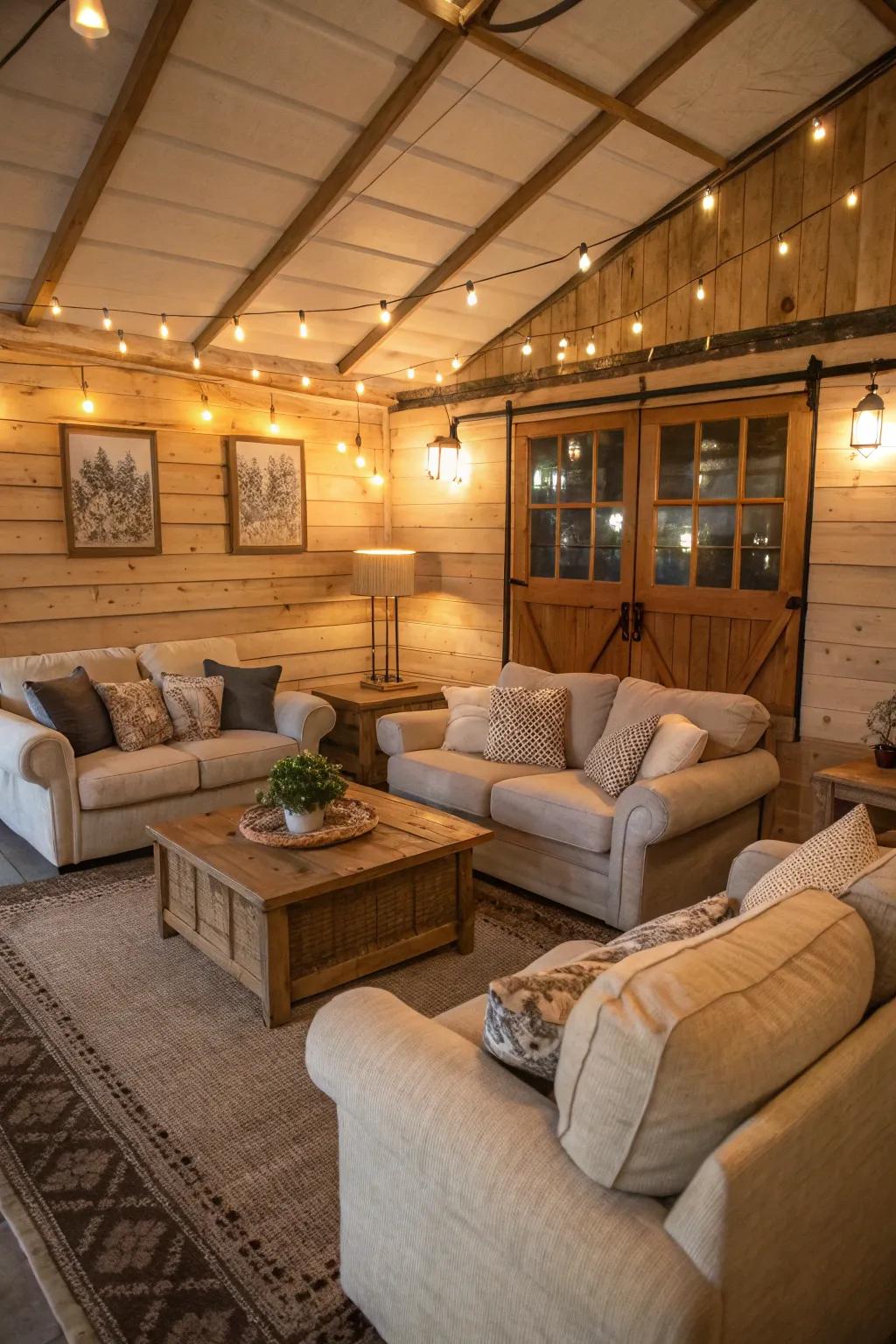 A cozy living room inside a shed home with luxurious seating and gentle lighting.