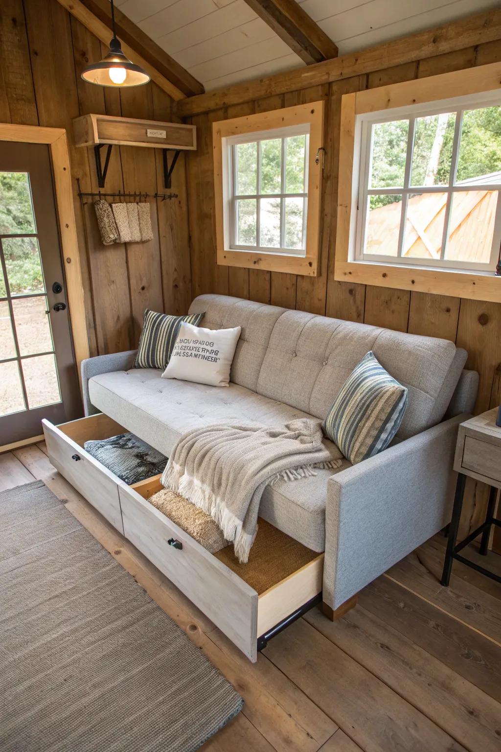 Furniture that does more than one job is great for saving space in a shed house.