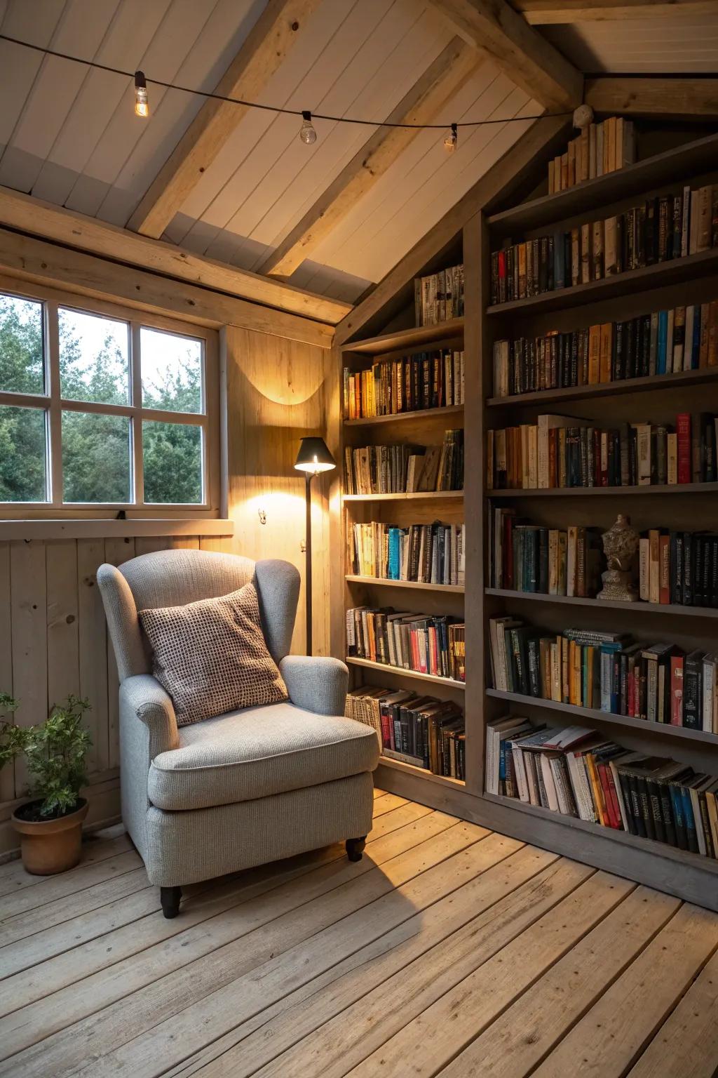 A shed converted into a peaceful reading corner, ideal for enjoying quiet time with a captivating book.