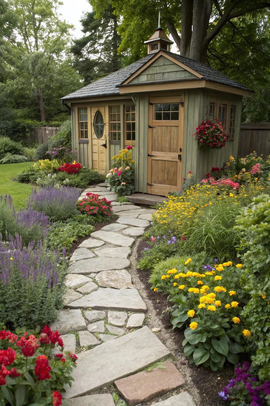 A garden outbuilding becomes the main attraction with inviting pathways.