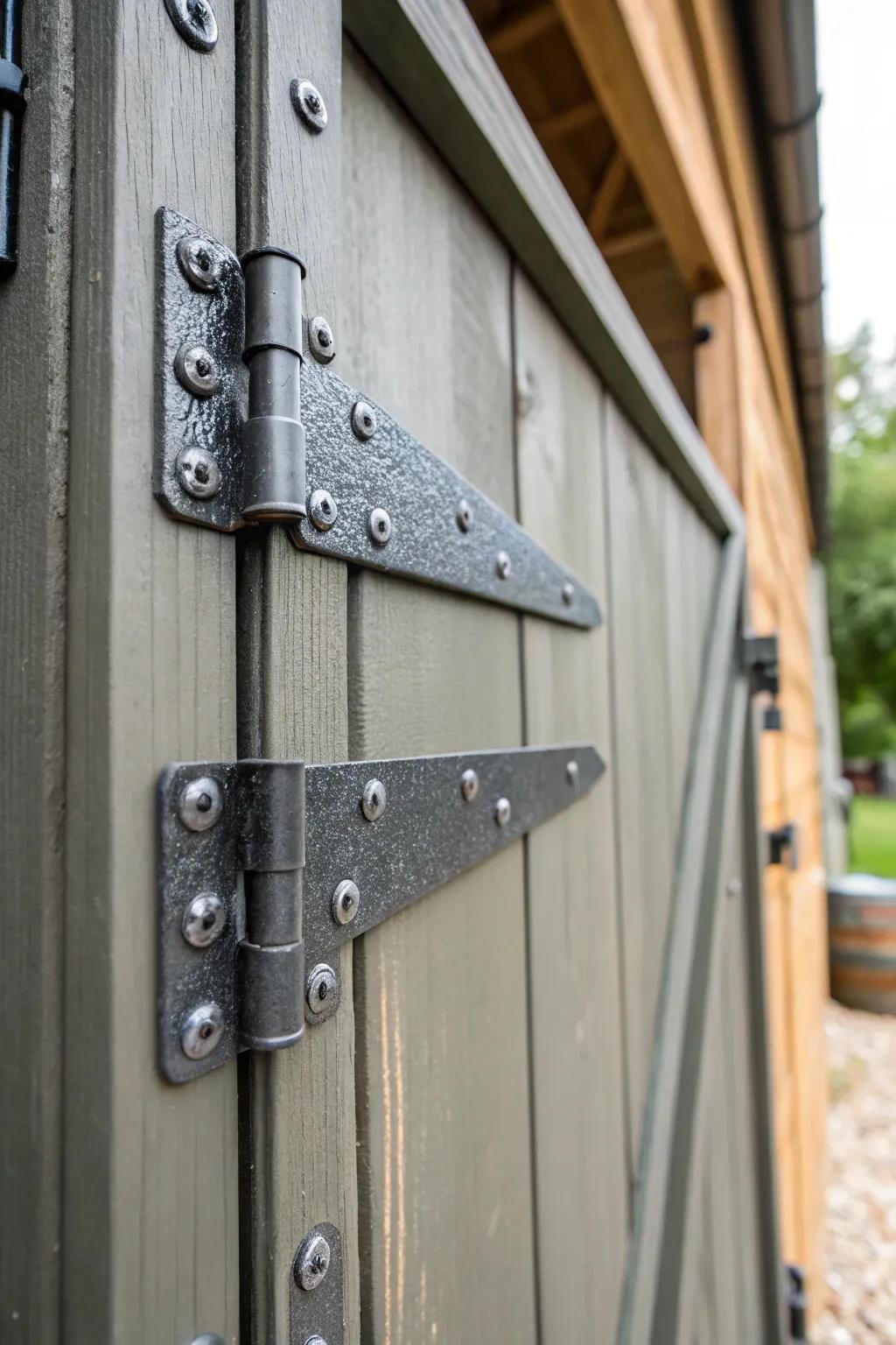 Reinforced metal hinges provide both strength and security to the shed door.