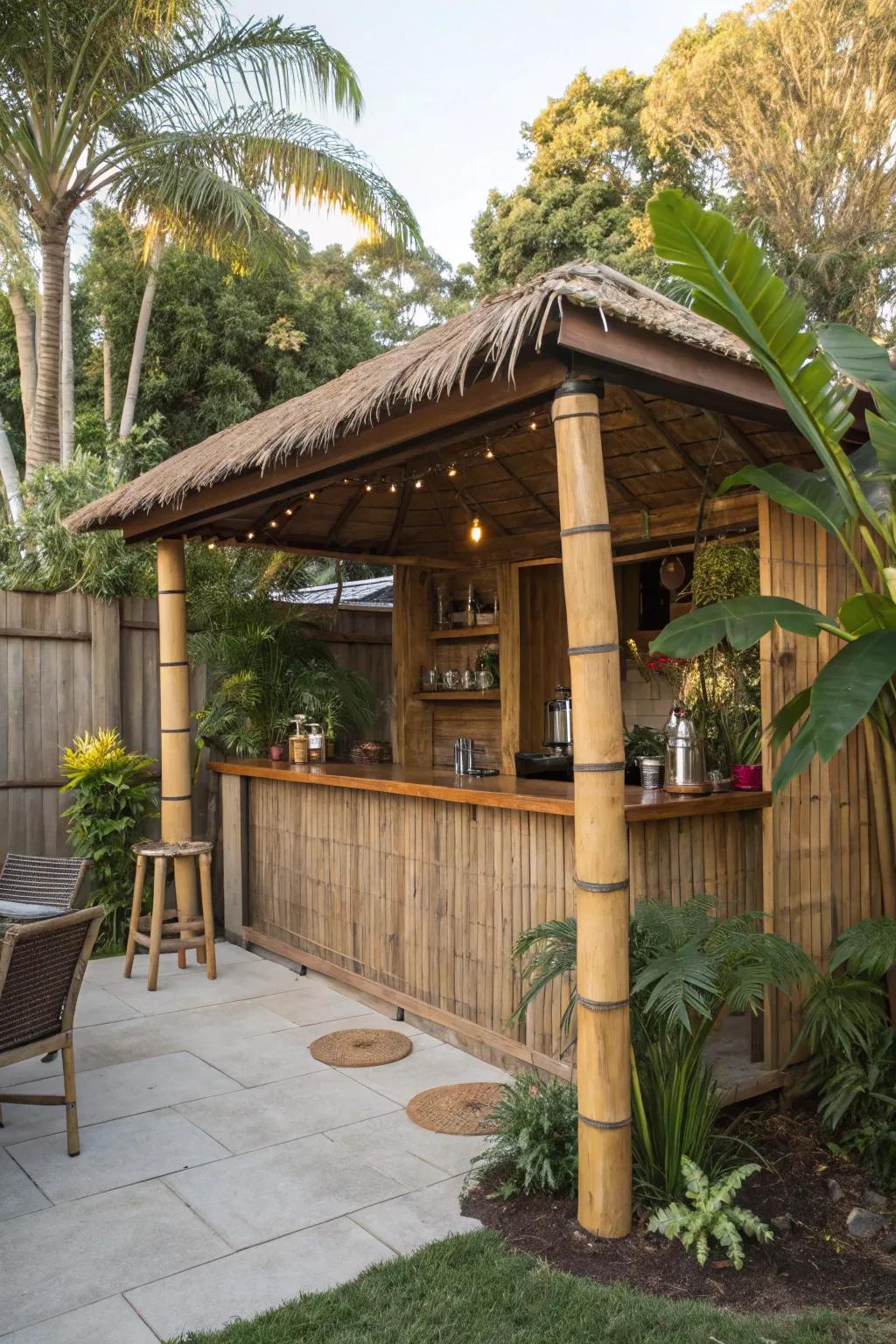 Design a tropical wonderland featuring a Tiki-themed shed bar.