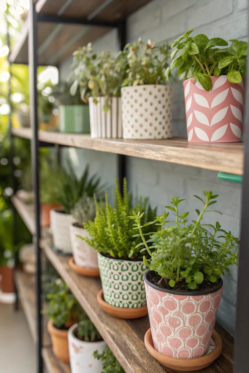 A shelf adorned with petite potted plants and greenery.