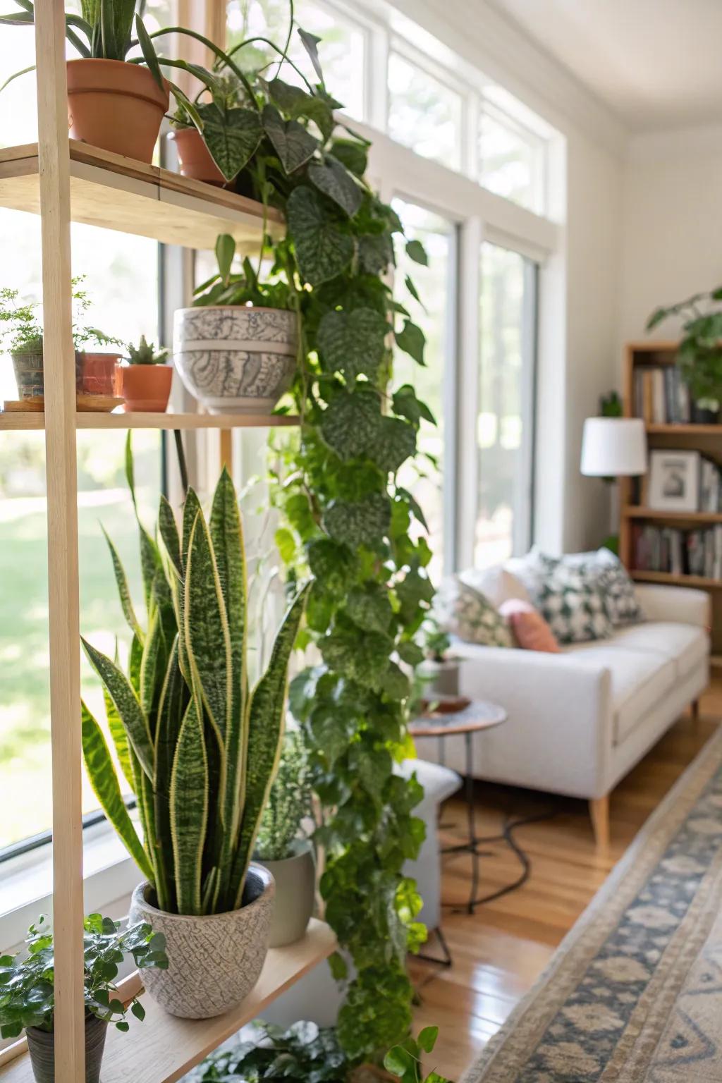 Shelves decorated with houseplants, bringing nature indoors.
