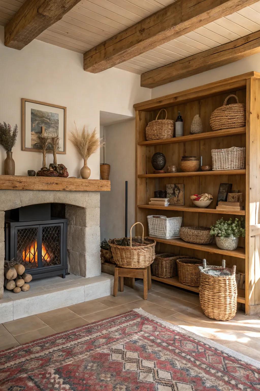 Weathered timber shelves enrich the area with a farmhouse touch.