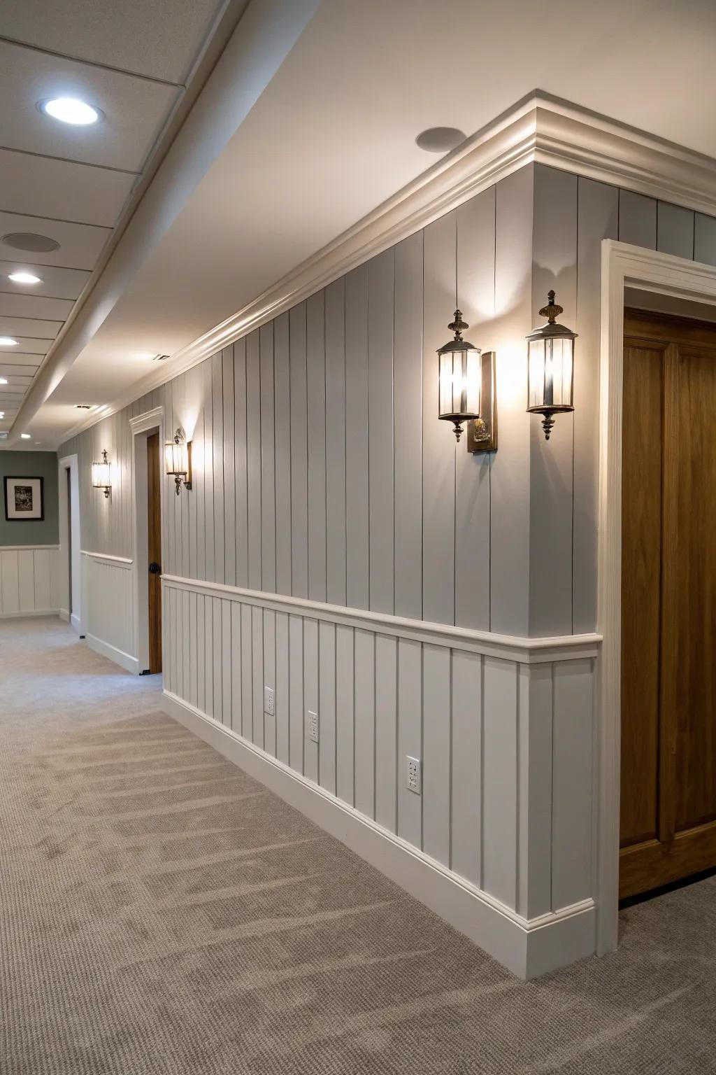 Upright shiplap walls enhance the perceived height of this fashionable basement.