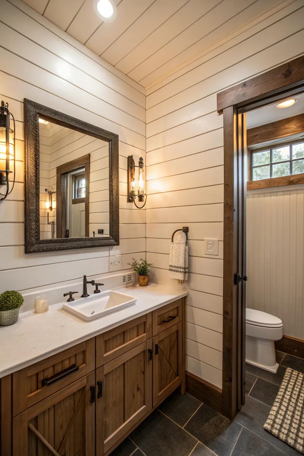 A pleasant bathroom featuring vertical wall plank walls that emphasize height.