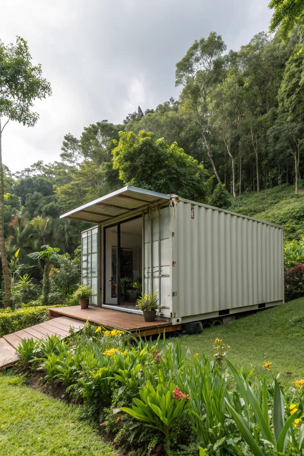 Elegant inclined roofs for contemporary container habitation.