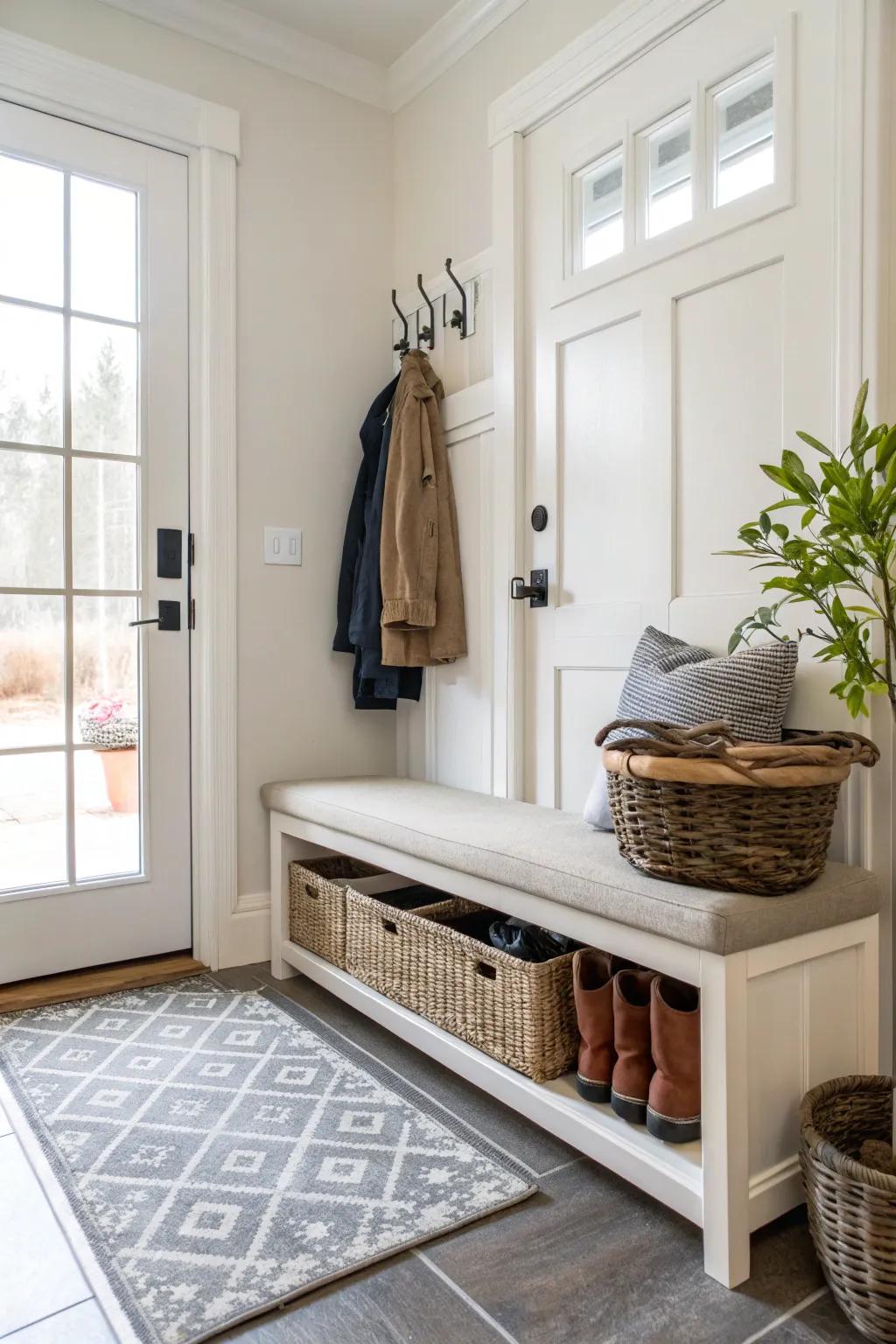 A bench paired with a shoe basket underneath is both stylish and exceptionally practical.