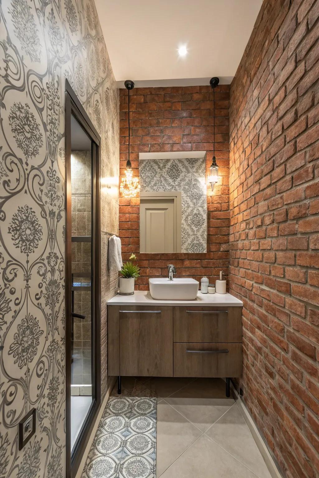 Beautiful wall designs with brick and wallpaper.