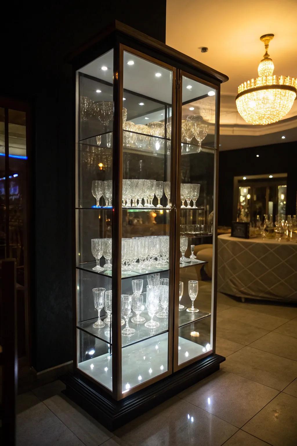 An interior dimly lit, emphasizing an illuminated display of shot glasses enhanced by LED lighting.