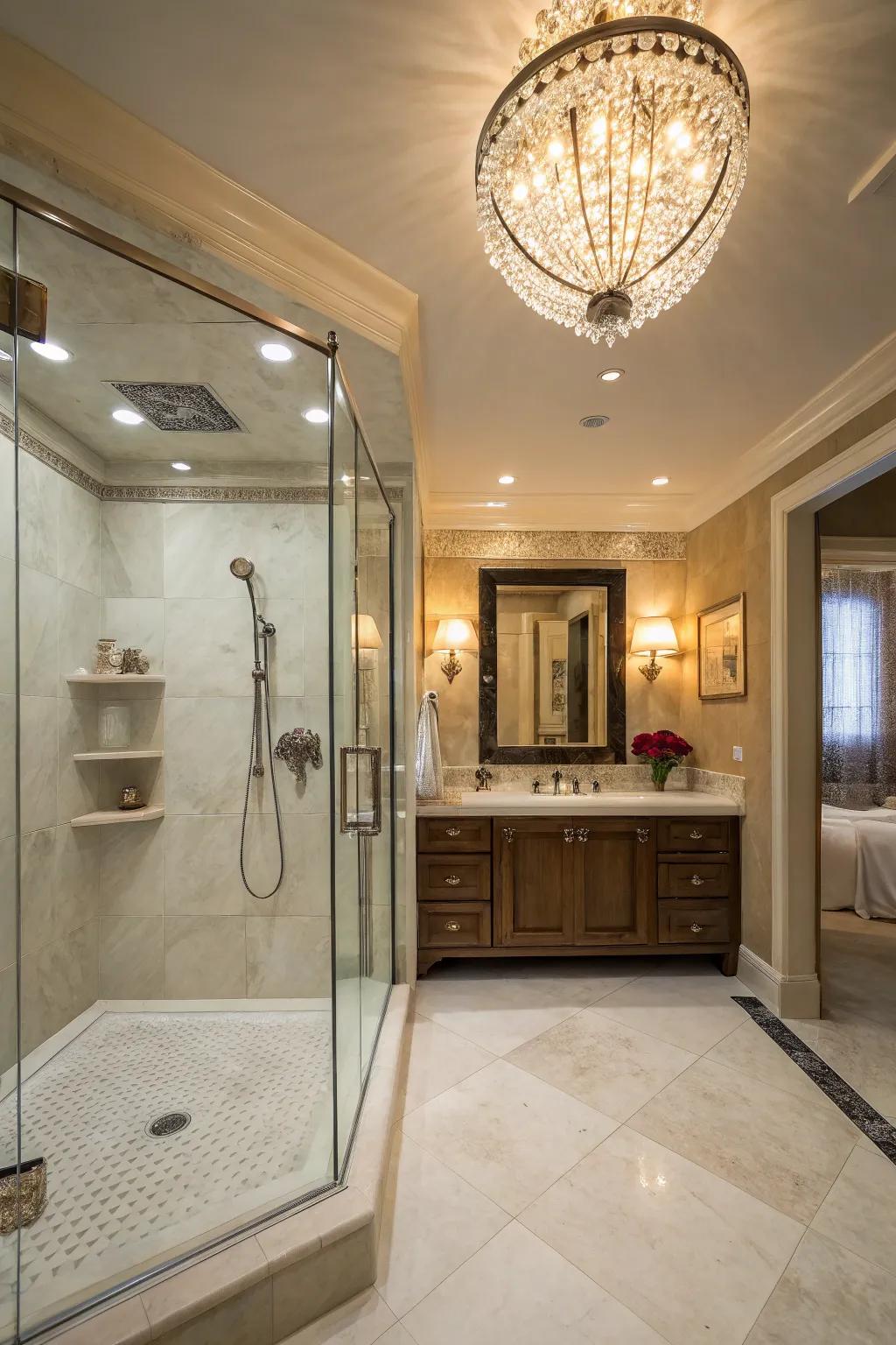 A chandelier adds a touch of luxury to your shower.