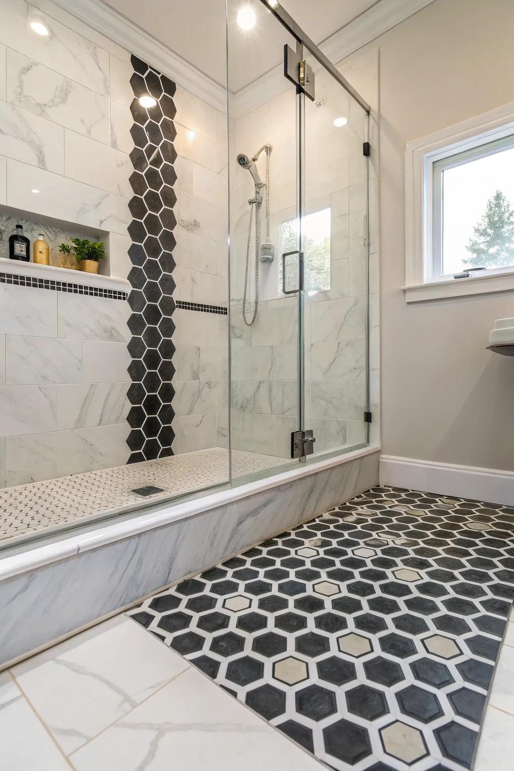 Hexagonal tiles provide a modern and chic detail to shower curbs.