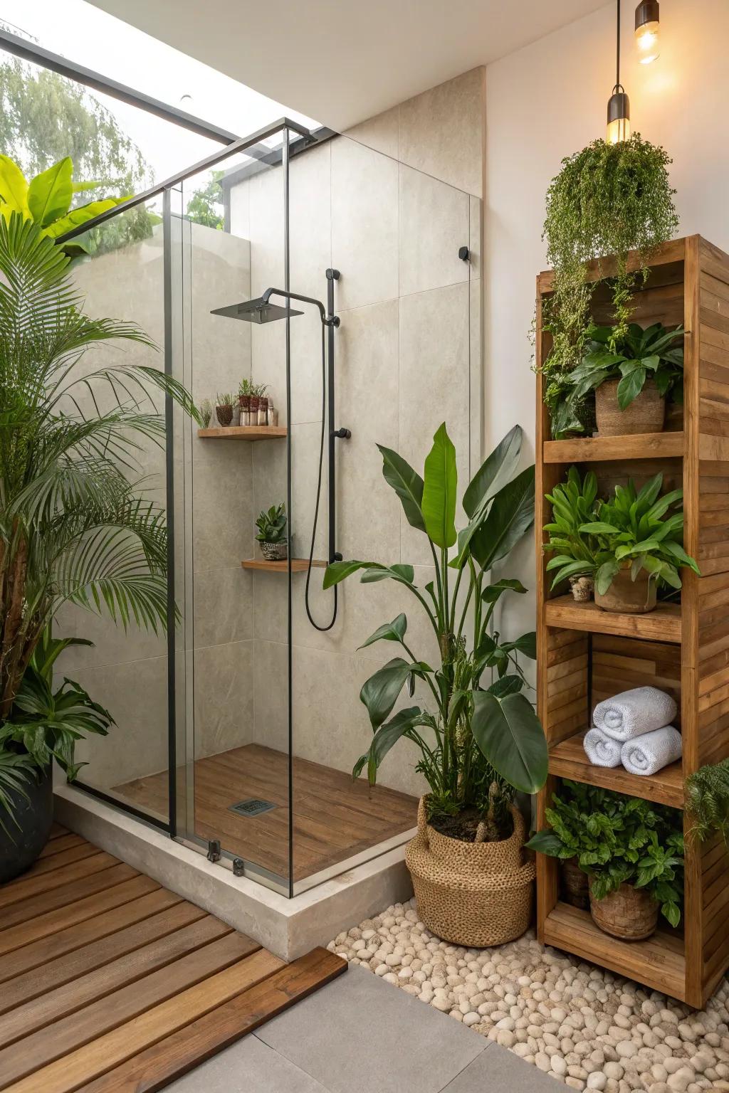A shower adorned with flourishing green plants and subtle timber highlights.