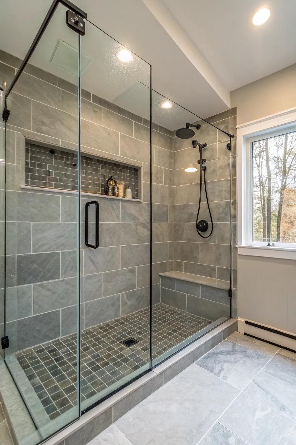 A roomy walk-in shower enriches both the style and utility of this bathroom.
