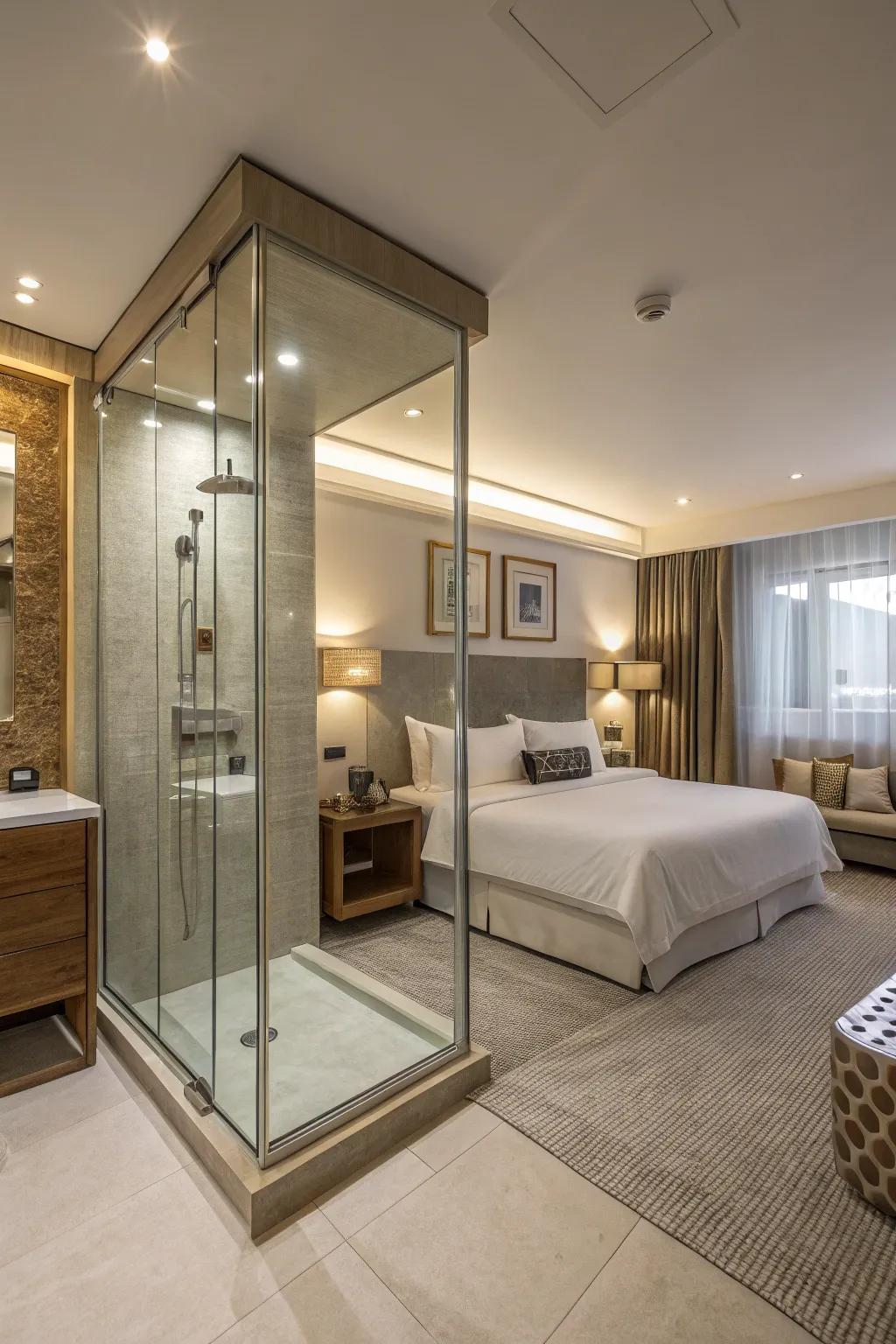 Elegant glass enclosure giving a modern flair to the bedroom shower.