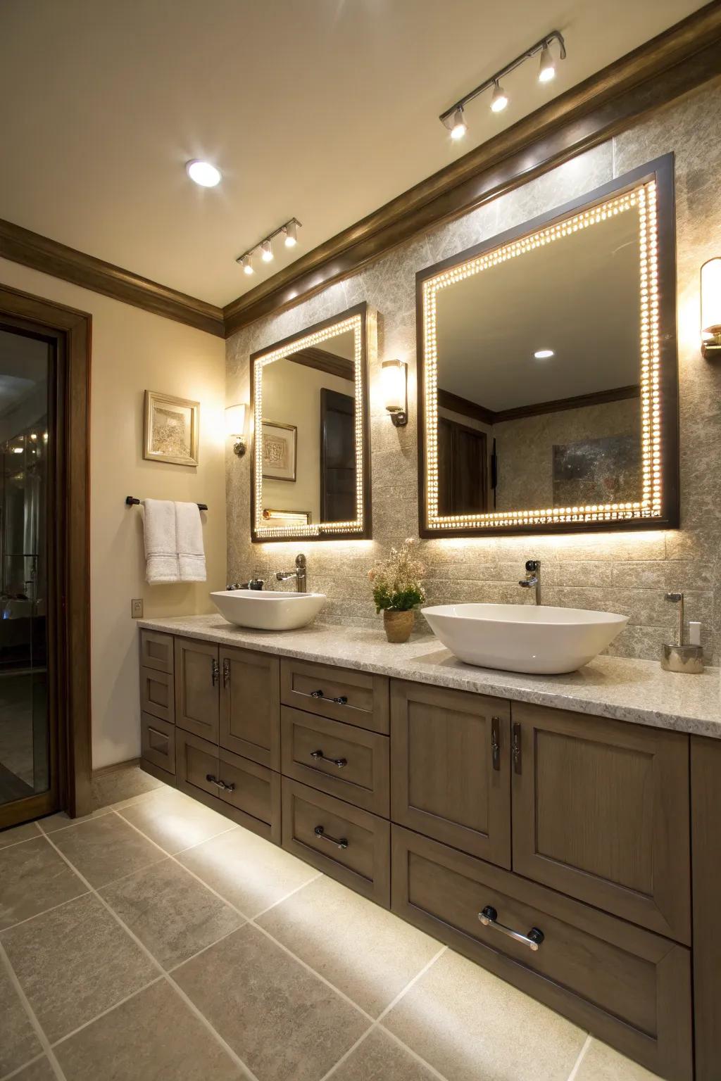 LED strips provide a delicate and welcoming glow in the shower area.