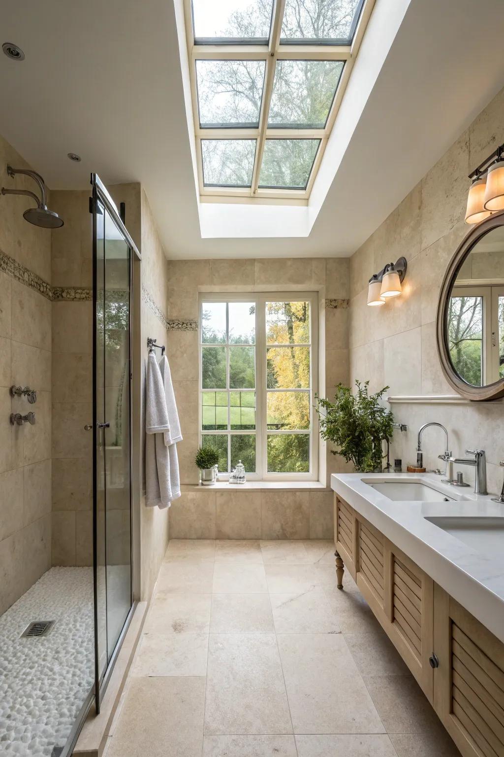 A shower space flooded with natural light, enhancing its sense of openness.