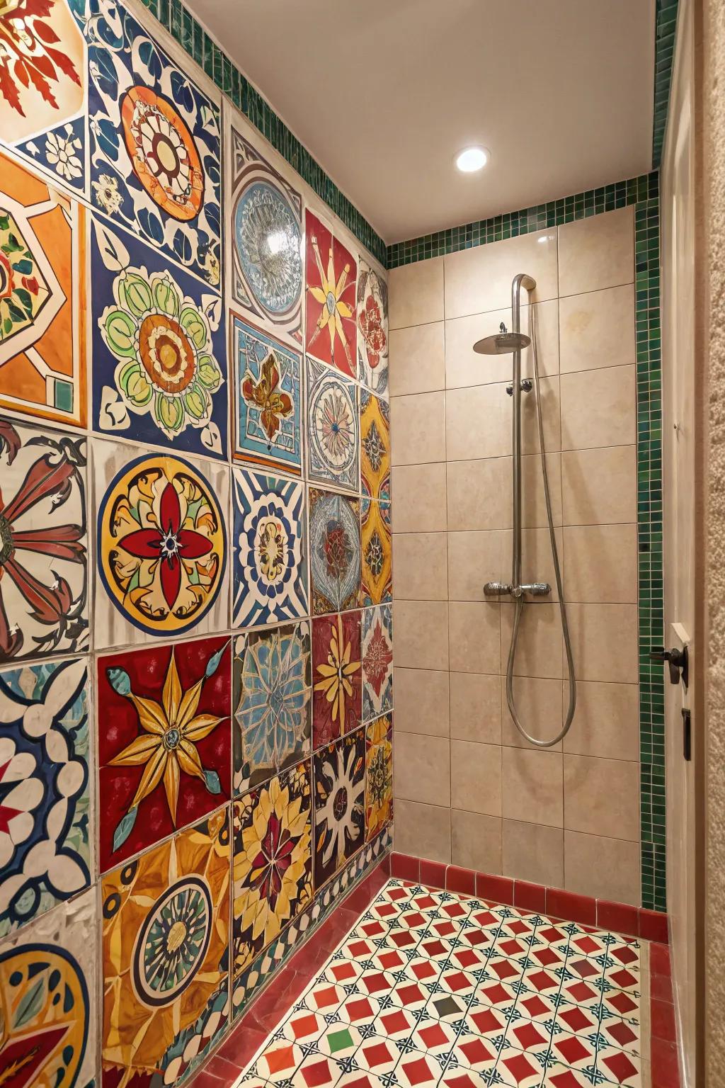 A shower stall showcasing dynamic tiling that establishes a strong visual impact.