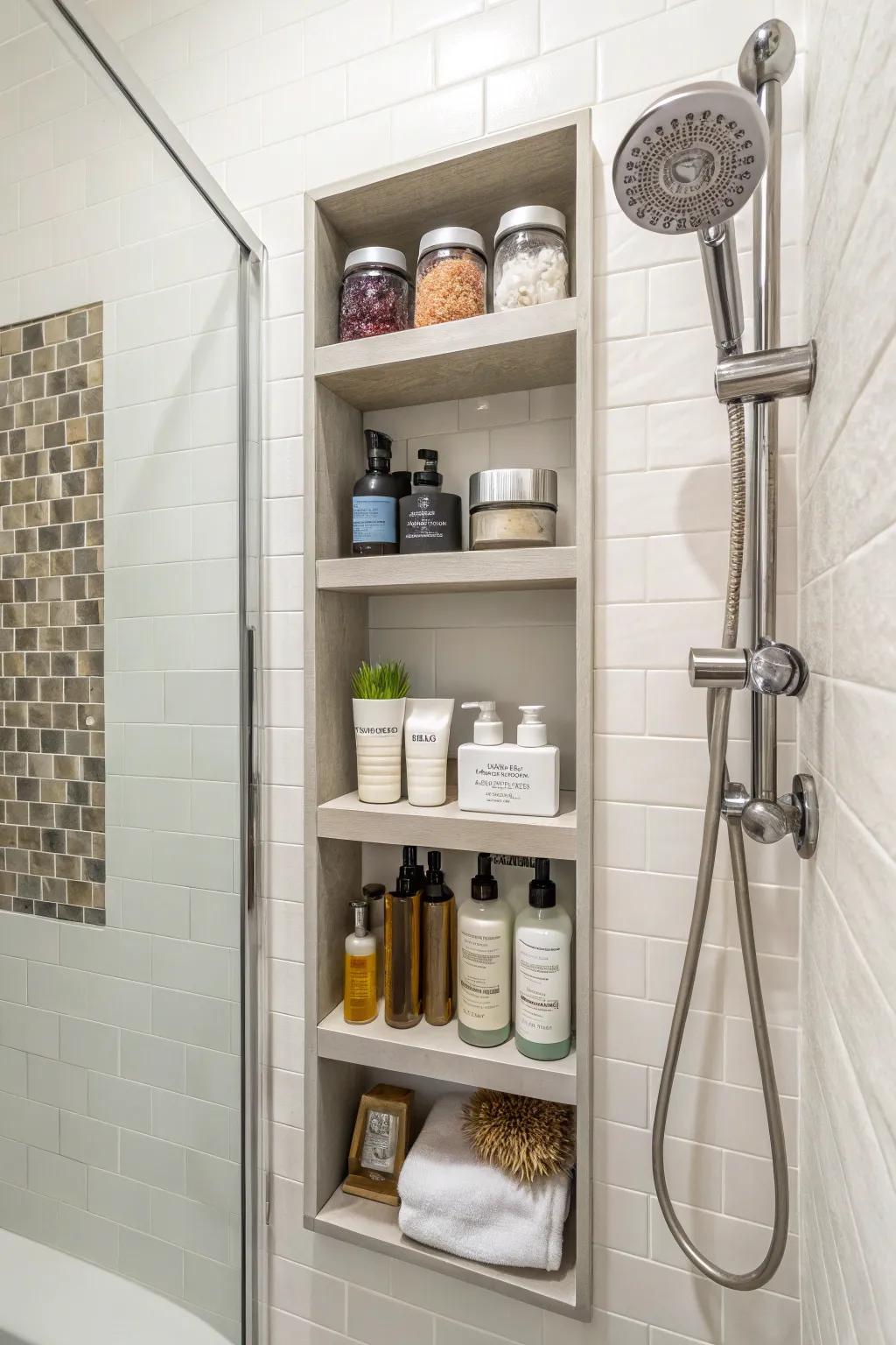 A built-in niche presents a neat and cohesive storage solution.