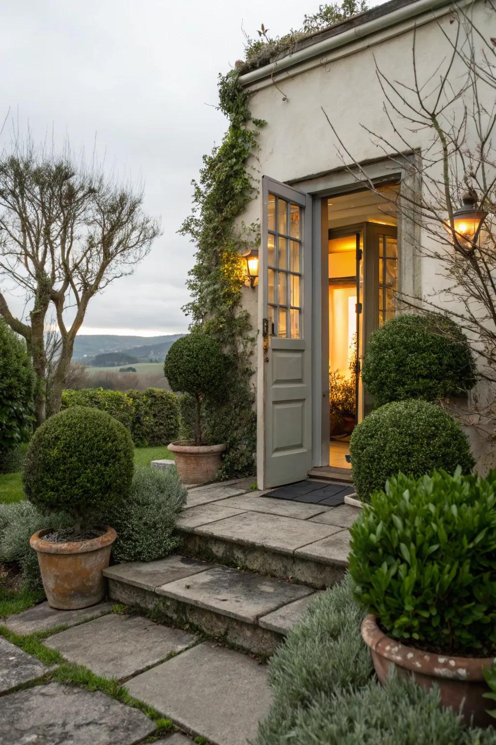 Potted flora lending a natural nuance to the side entrance.