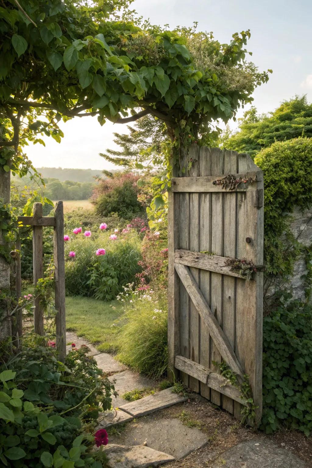 A countryside-inspired wood gate infusing the garden with a cozy vibe.
