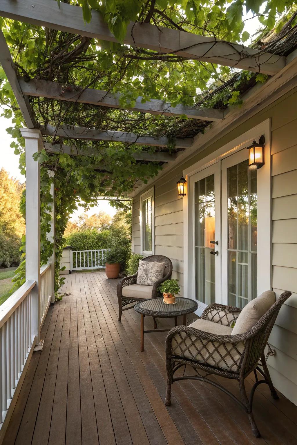 A shaded side porch featuring a pergola, perfect for relishing sunny days.