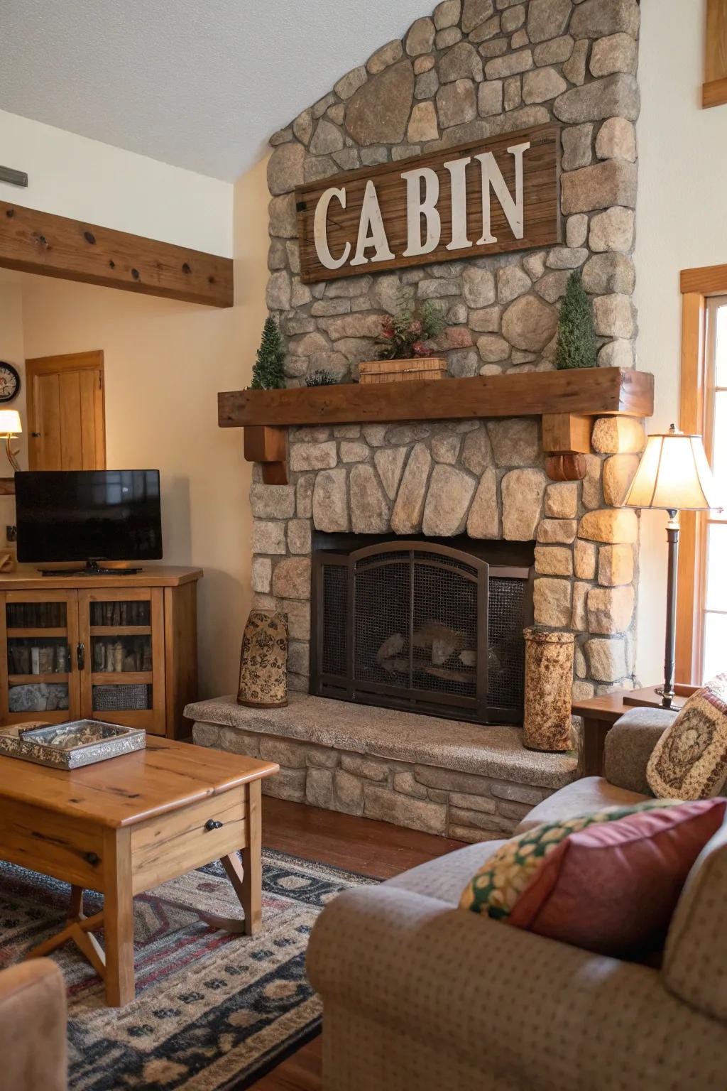 A family room is adorned with a country lodge wood display set above a stone fireplace.