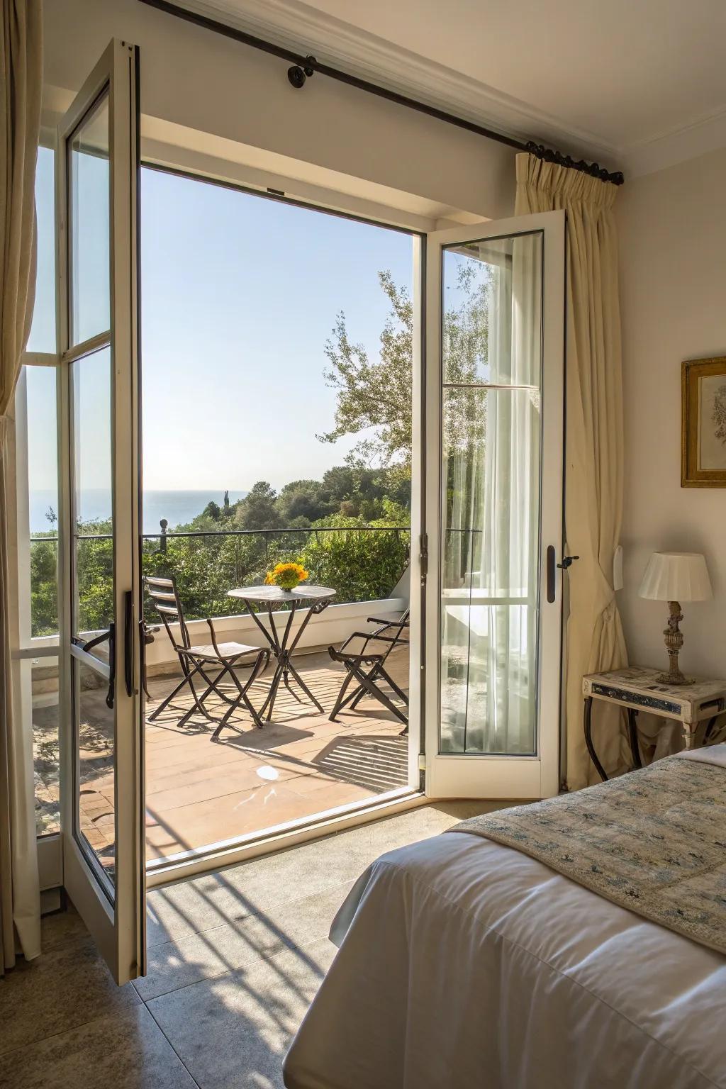 Bright, airy bedroom featuring expansive glass doors that connect to the balcony.