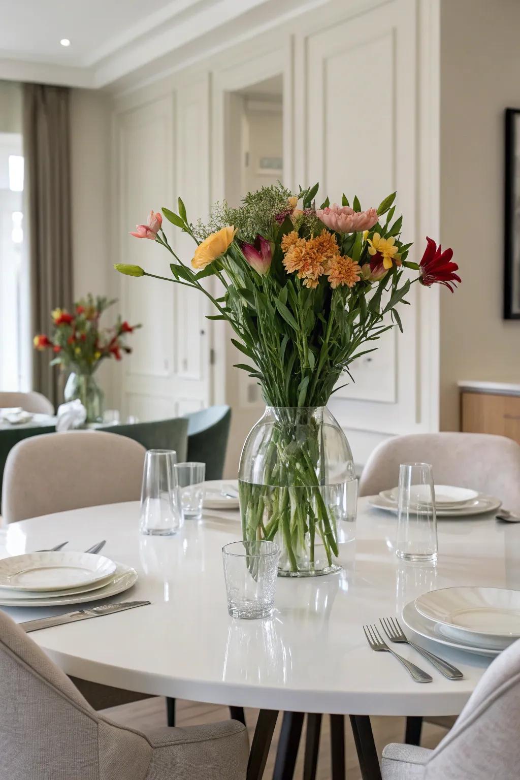 Simple crystal vessels holding flowers create an elegant central display.