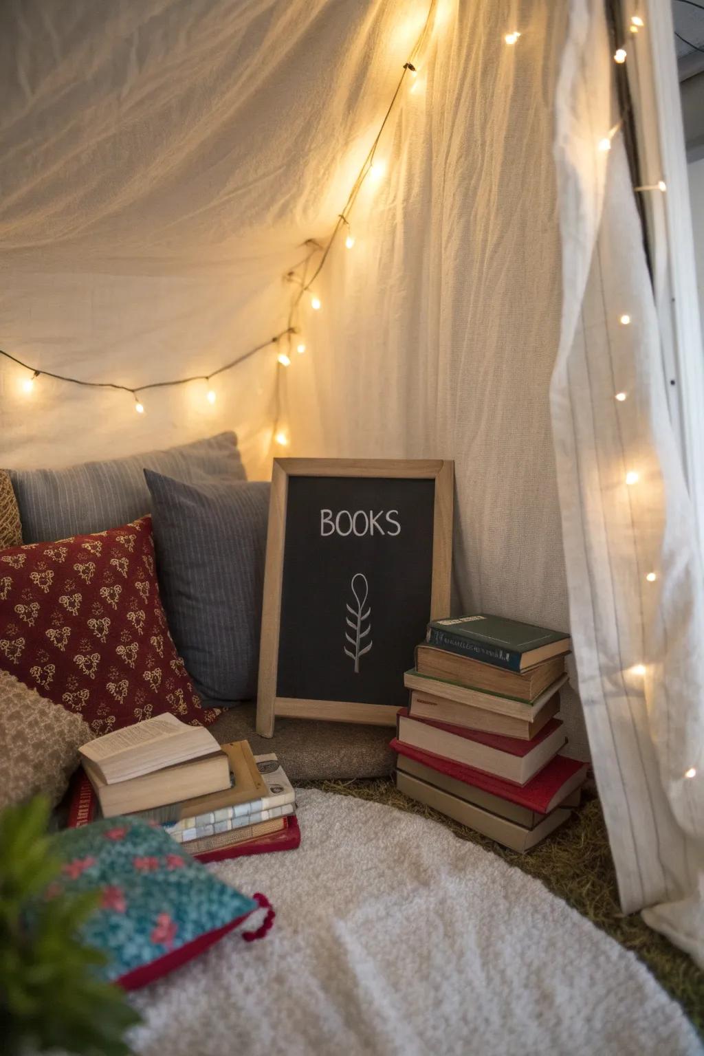 Reading nook with a chalkboard quote about the joy of books.