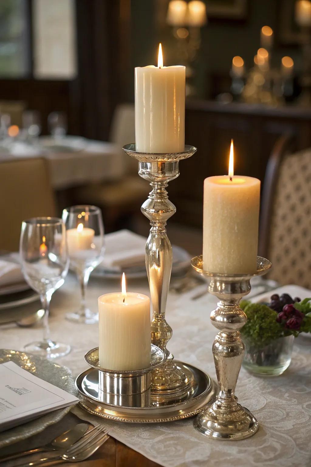 A trio of candles brings charm to the dining area.