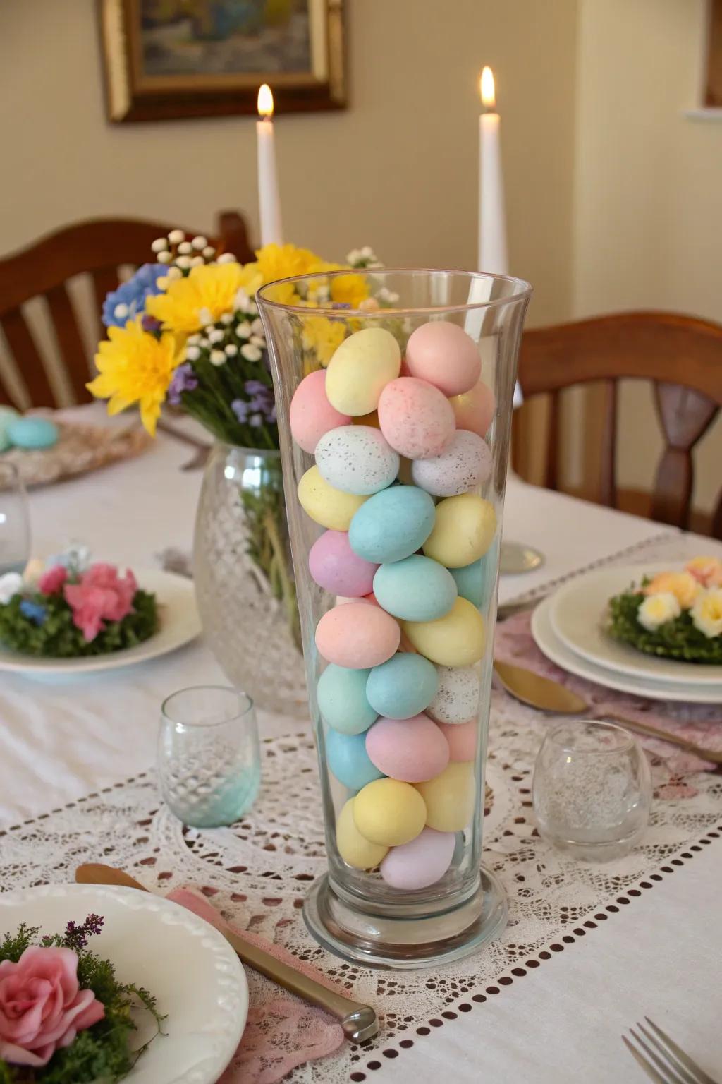 A crystal vase of delicate eggs infuses a joyful hue to the dining table.