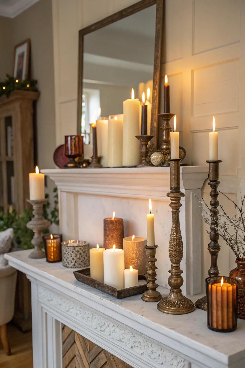 A snug setting of wax lights illuminating the mantel.