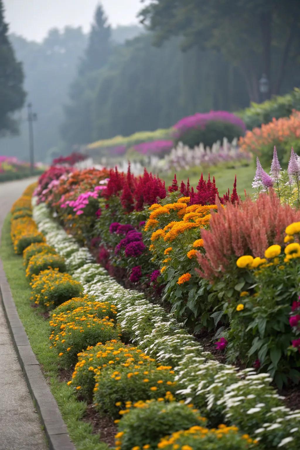Tiered planting enhances depth and a lively array of hues in this garden.