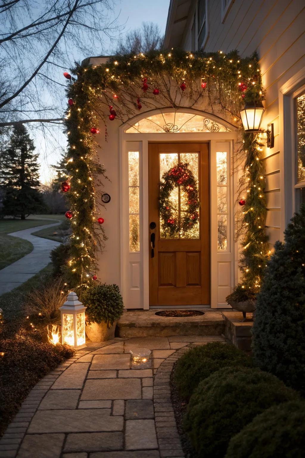 Garlands illuminated with fairy lights artistically frame a joyful and inviting doorway.