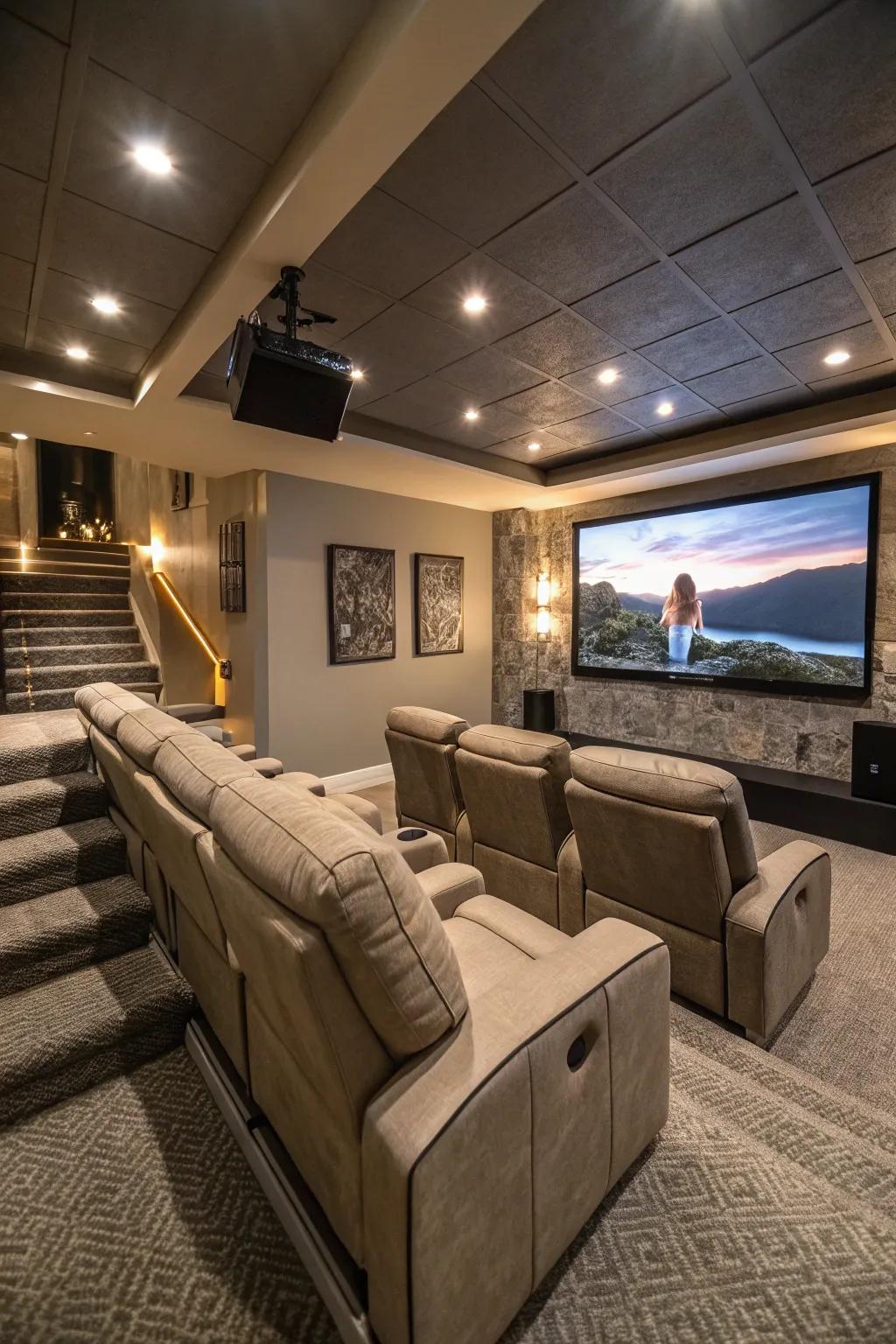 Comfy recliners thoughtfully arranged in a home theater.