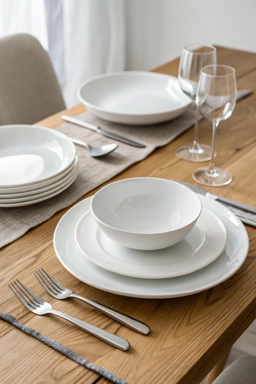 Simple table arrangements on a cozy wooden table.